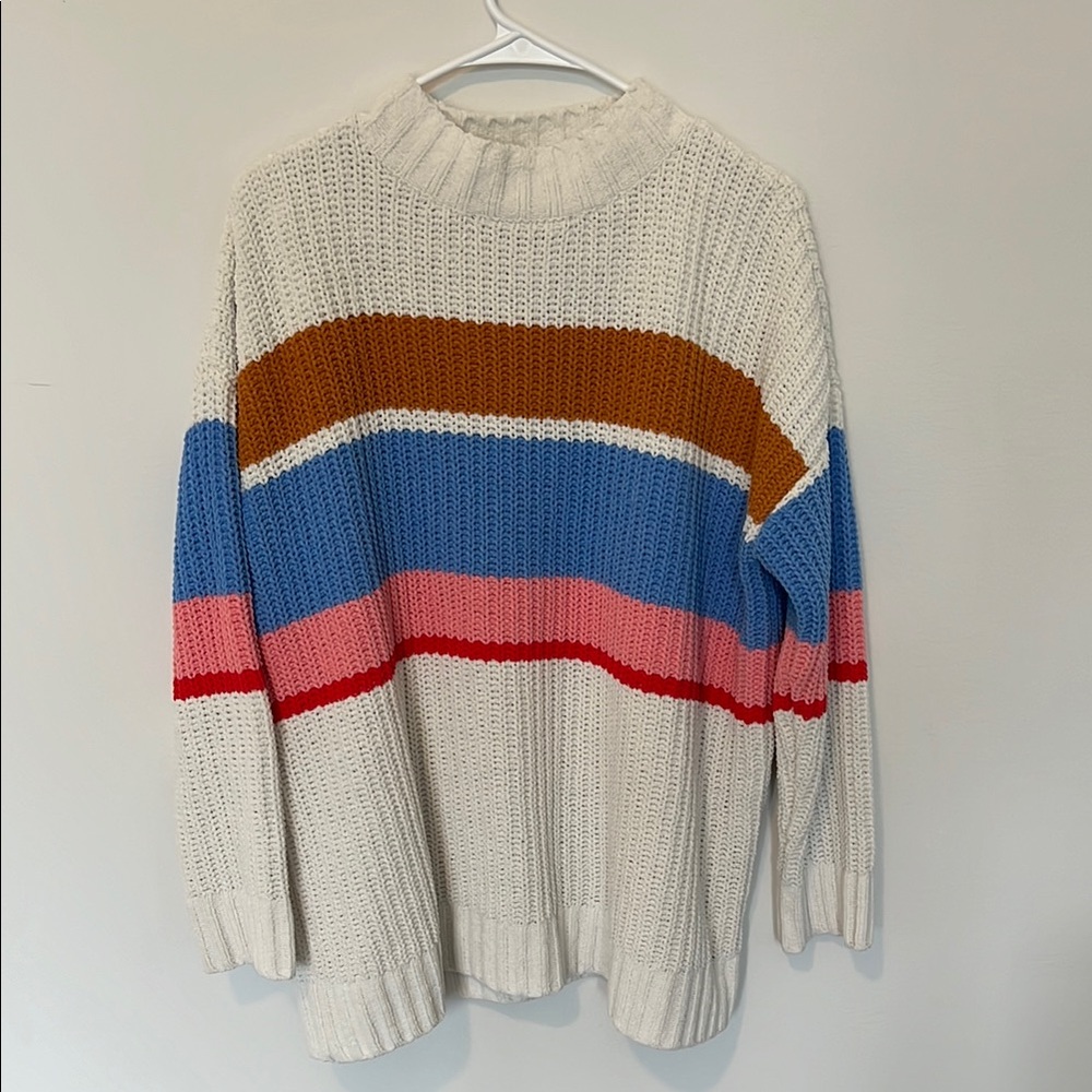 Cream and Blue Crew Neck Sweater with Stripes